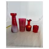 4 Piece Ruby Red and Satin Glass Lot