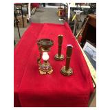 Two Brass Candle Holders and Small Kerosene Lamp
