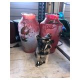 Two Red Vases and Dog