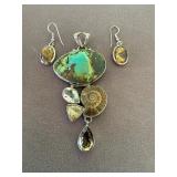 Sterling Seashell and Stone Earrings and Pendant