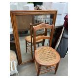 Oak Mirror and Cane Chair