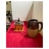 Antique Coffee Grinder and Pottery Pitcher