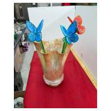Large Art Glass Vase and Butterflys