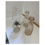 Two Antique Milk Bottles and Finger Lamp