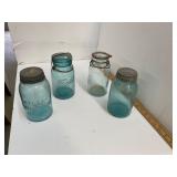 Lot of 4 Antique Blue Mason Jars