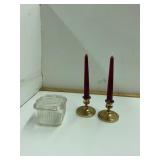 Glass Refregiator Dish and Baldwin Candle Sticks