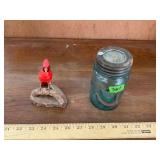 Carved Wooden Cardinals and Antique Jar