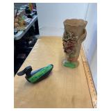 Folk Art Duck and Sandstone Vase