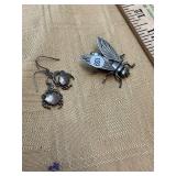 Sterling Crab Earrings and Bee Pin