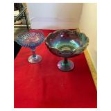 Carnival Glass & Blue Pedestal Compotes