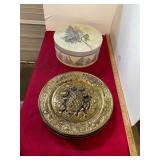 Decorative Round Storage Box & Vintage Wall Plates