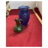 Crackle Glass Pitcher and Cobalt Hobnail Vase