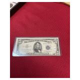1953 $5 Dollar Silver Certificate Note Bill