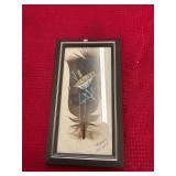 Framed Painted Bird Feather Signed
