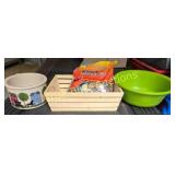 Ceramic Bowl, Wooden Crate, and Green Mixing Bowl