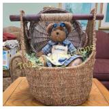 Wicker Basket with Teddy Bear and Blueberry Motif