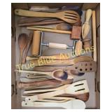 Assorted Wooden Kitchen Utensils and Rolling Pin C