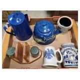 Blue Enamel Coffee Pots and Pottery Mugs Set