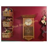 Oak Wood Wall Clock with Hanging Basket Decor