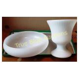 White Milk Glass Bowl and Vase Set with Ribbed Des