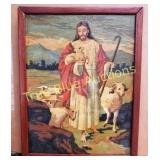 Vintage Framed Painting of Shepherd with Sheep