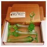 Set of Green Depression Glass Bud Vases in Origina