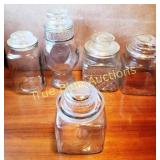 Set of Vintage Glass Storage Jars with Various Lid