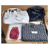 Assorted Handbags Including White, Black, and Wove