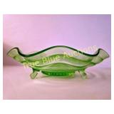 Vintage Green Glass Dish with Wavy Design and Deco