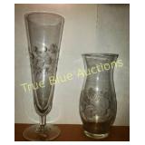 Two Vintage Glass Vases with Floral Etching Design
