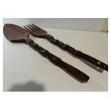 Vintage Large Carved Wooden Fork & Spoon 2 PCS