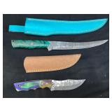 (2) DAMASCUS STEEL FULL TANG FIXED BLADE KNIVES w
