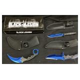 SET OF 3 FIXED BLADE BLACK LEGION KNIVES, NEW