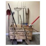 BULLS EYE CRATE w LANDSCAPING TOOLS