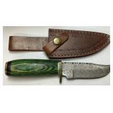 SHORT DAMASCUS BLADE HUNTING KNIFE w LEATHER