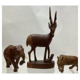(3) WOOD CARVED AFRICAN ANIMALS, ELEPHANT,