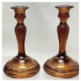 PAIR OF TIARA GLASS AMBER SANDWICH PATTERN