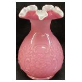 FENTON PINK WILD ROSE OVERLAY & BOW KNOT VASE,