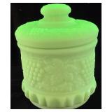 FENTON URANIUM SATIN GLASS TOBACCO JAR, 7.5