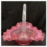 FENTON CRANBERRY OPALESCENT HOBNAIL BASKET, 9