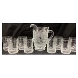 L.G. WRIGHT CHERRY PATTERN PITCHER & 8 TUMBLERS