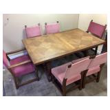 PARQUETRY OAK DINING TABLE & CHAIRS w 2 LEAF