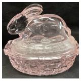 PINK GLASS RABBIT ON A NEST, 5.5
