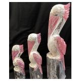 SET OF 3 WOOD HAND CARVED PAINTED BEACH PELICANS