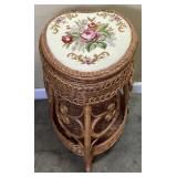 WICKER HEART SHAPED SEWING STAND w NEEDLEPOINT TOP