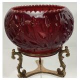 FENTON RUBY RED REGENCY BOWL IN BRASS STAND