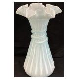FENTON BLUE OVERLAY WHEAT VASE, 7.5