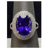 PLATINUM TANZANITE & DIAMOND RING, SIZE 7.25,