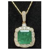 14KT YELLOW GOLD EMERALD & DIAMOND PENDANT, 18in