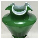 1951 FENTON GREEN IVY CASED GLASS VASE, 6.5in H